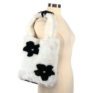 Fluffy Faux Fur Boho Flower Tote Bag in Black and White
